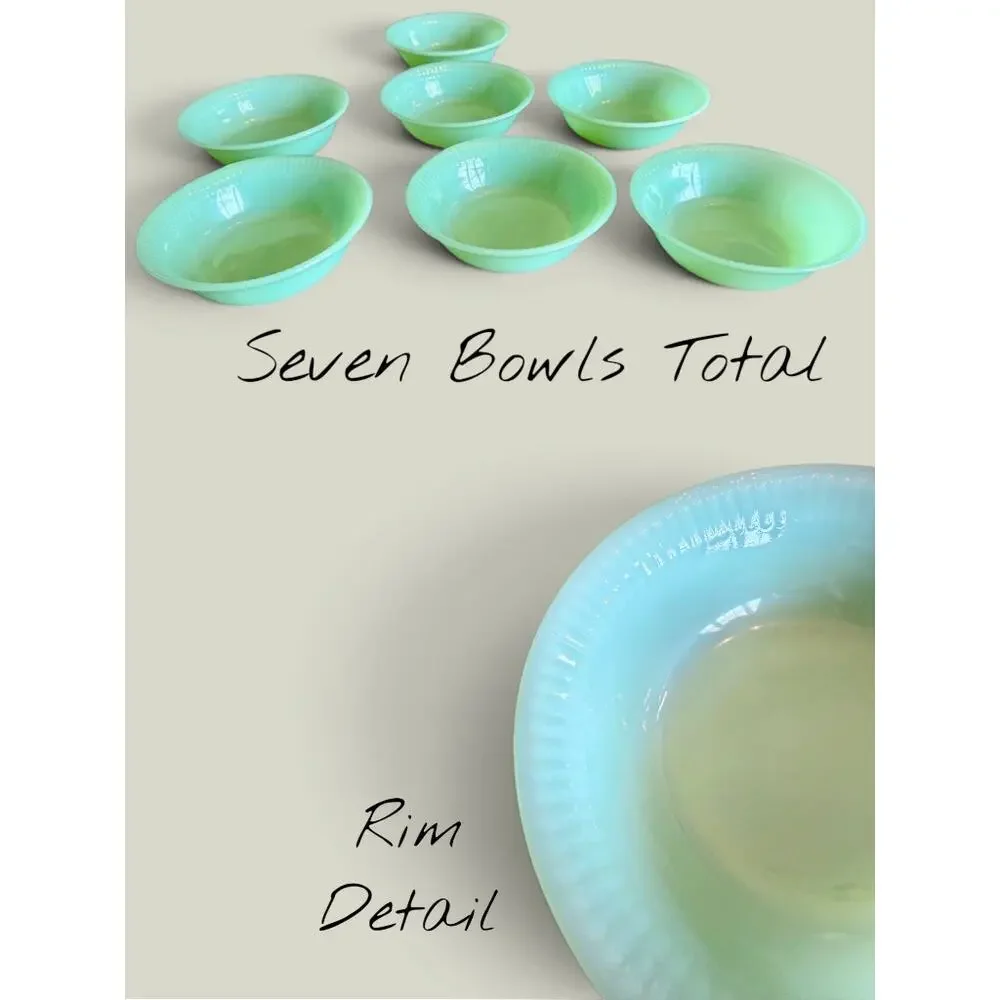 7 Fire King Jadeite Jane Ray Dessert Bowls-Anchor Hocking-Vintage Set-Berry-Milk